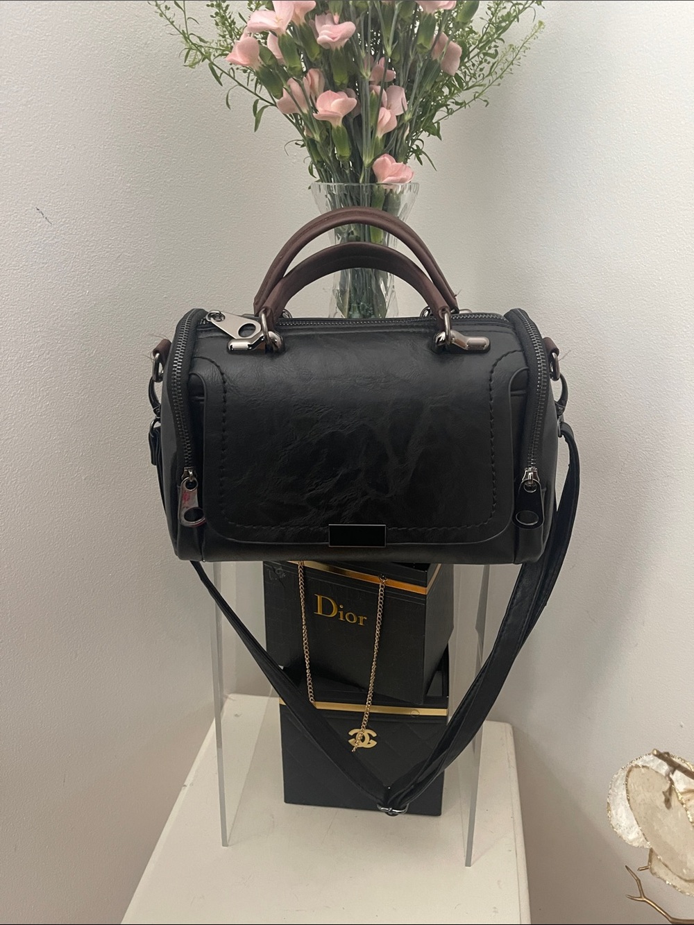Black and Brown  Faux Leather Handle Satchel with shoulder Strap